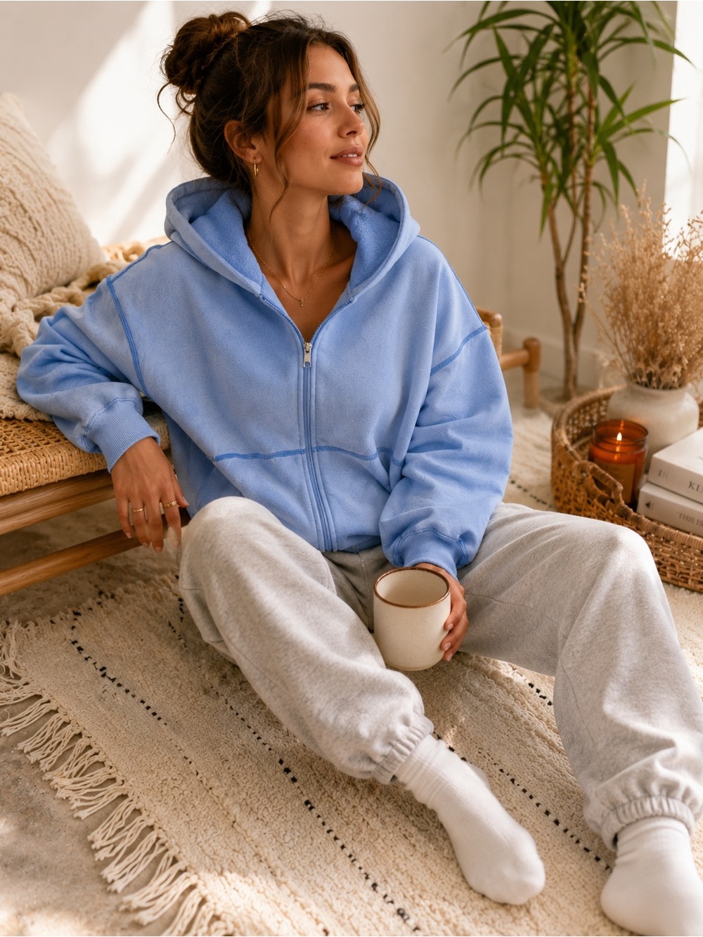 LA hearts Lounge Oversized Zip Hoodie Blue Size Large Cozy Boho Sweatshirt